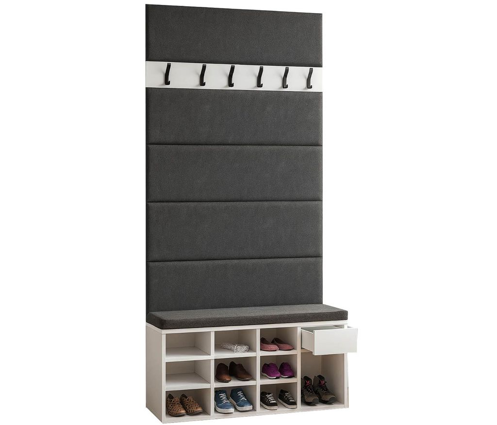 Flurset LEO – Schuhschrank mit Sitzbank, 5 Polsterpaneele & Wandgarderobe – Weiß, modernes Flurmöbel-Set mit Schublade – EU