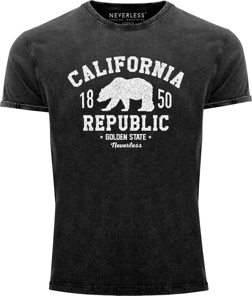Neverless Herren T-Shirt Vintage Shirt Printshirt California Republic Kalifornien Golden State Grizzly Bär Bear Logo Used Look Slim Fit schwarz M