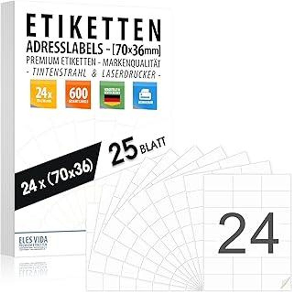 Adressaufkleber 70x36 mm (600 Etiketten – 25 Blatt A4) selbstklebend, bedruckbar, Inkjet & Laserdrucker für Adressen, Pakete und Briefe hochwert...