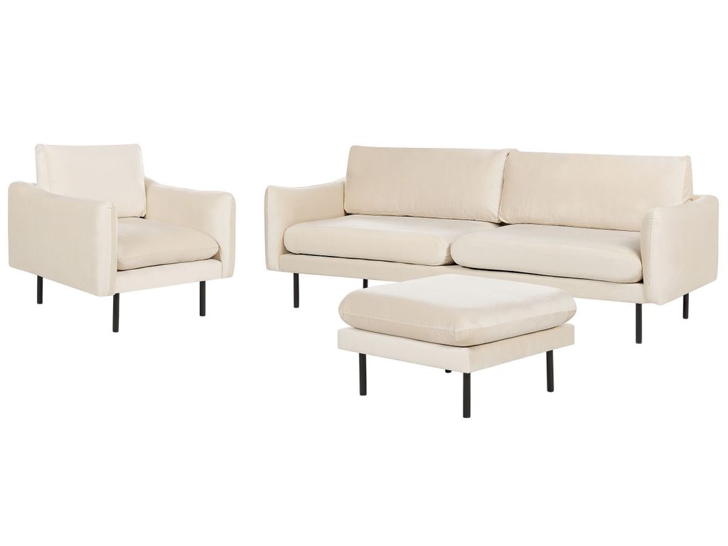 BELIANI Sofa Set Hellbeige Samt 3-Sitzer Sofa Sessel mit Ottomane Hohe Schwarze Metallfüße Dicke Sitzkissen Schmale Armlehnen Lose Rücken- & Sit...