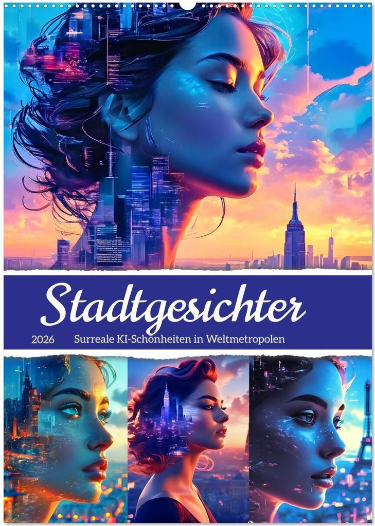 Stadtgesichter - Surreale KI-Schönheiten in Weltmetropolen (Wandkalender 2026 DIN A2 hoch), CALVENDO Monatskalender
