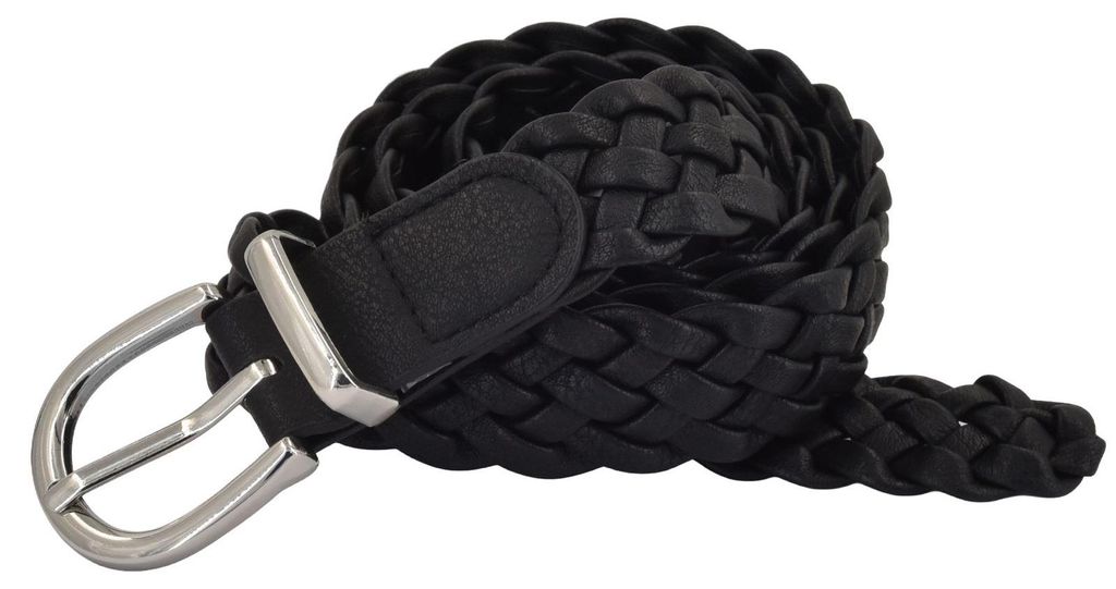 styleBREAKER Damen Flechtgürtel schmal aus Kunstleder | 2,8 cm breit | geflochtener Gürtel mit silberner Dornschließe | One Size 110 cm lang