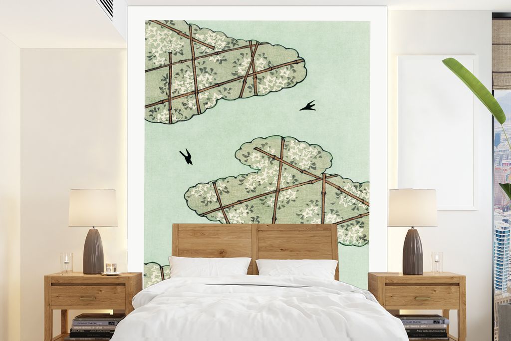 MuchoWow Fototapete für Wohnzimmer oder Schlafzimmer Wandtapete Vinyl Motivtapete Grün - Abstrakt - Formen - Text - 165x220 cm - Wanddekorationen