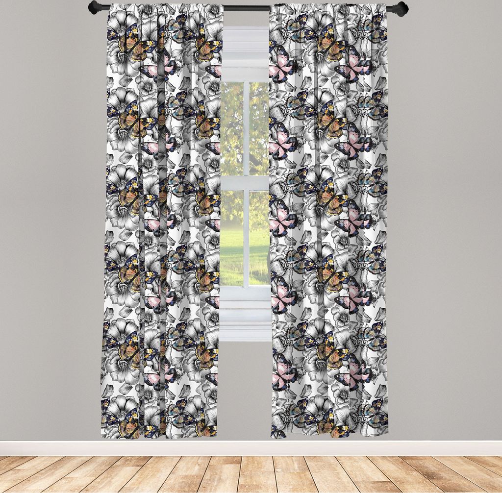 ABAKUHAUS Schmetterling Vorhänge, Gardinen, Schmetterlinge als Hand gezeichnetem Blumen nostalgischem Retrostil Muster Druck, 2 Stück 75 x 225 cm...