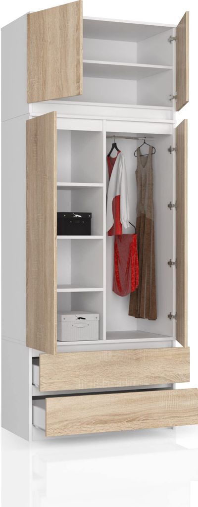 BDW Kleiderschrank mit 4 Türen, 4 Einlegeböden, Kleiderbügel, Weiß / Eiche Sonoma