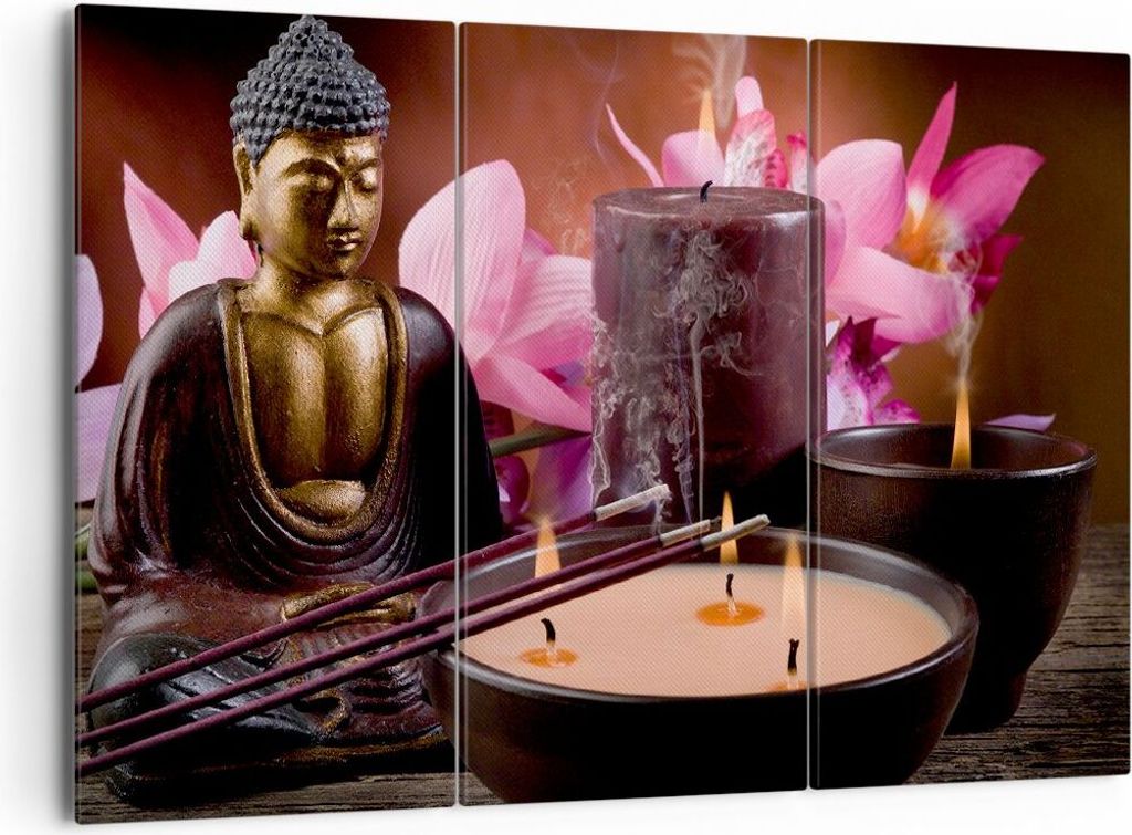 Bild auf Leinwand - Leinwandbild - Buddha Kerzen Religion - 165x110cm - Wand Bild - Wanddeko - Leinwanddruck - Bilder - Kunstdruck - Wanddekoration...