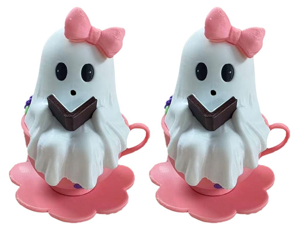 1/2 Halloween-Lesegeist-Figur, rosa Teetassen-Geisterstatue, Harzskulptur, Heim-, Büro-, Weihnachts- und Partydekoration, Schreibtischornament