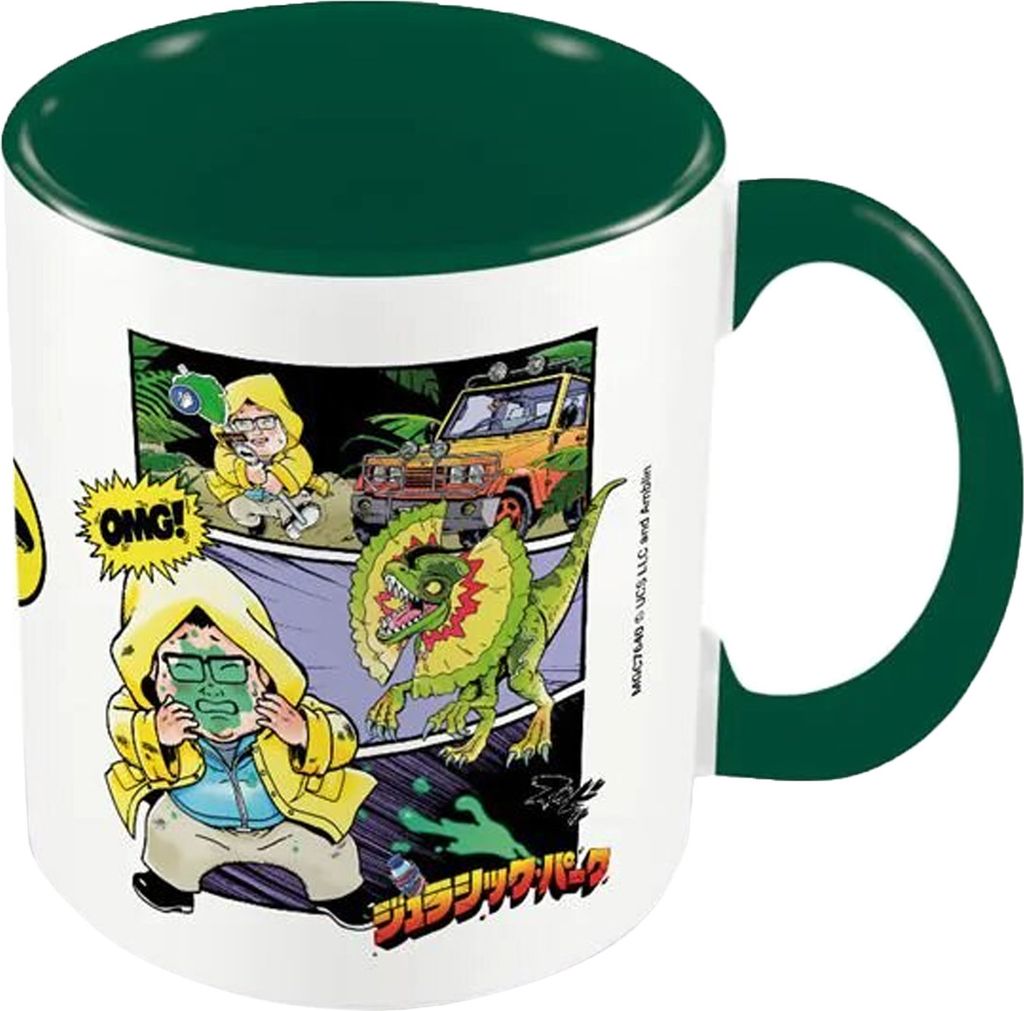 Jurassic Park - Kaffeebecher "In Your Face Anime", Zweifarbige Innenseite PM4817 (Einheitsgröße) (Dunkelgrün/Weiß)