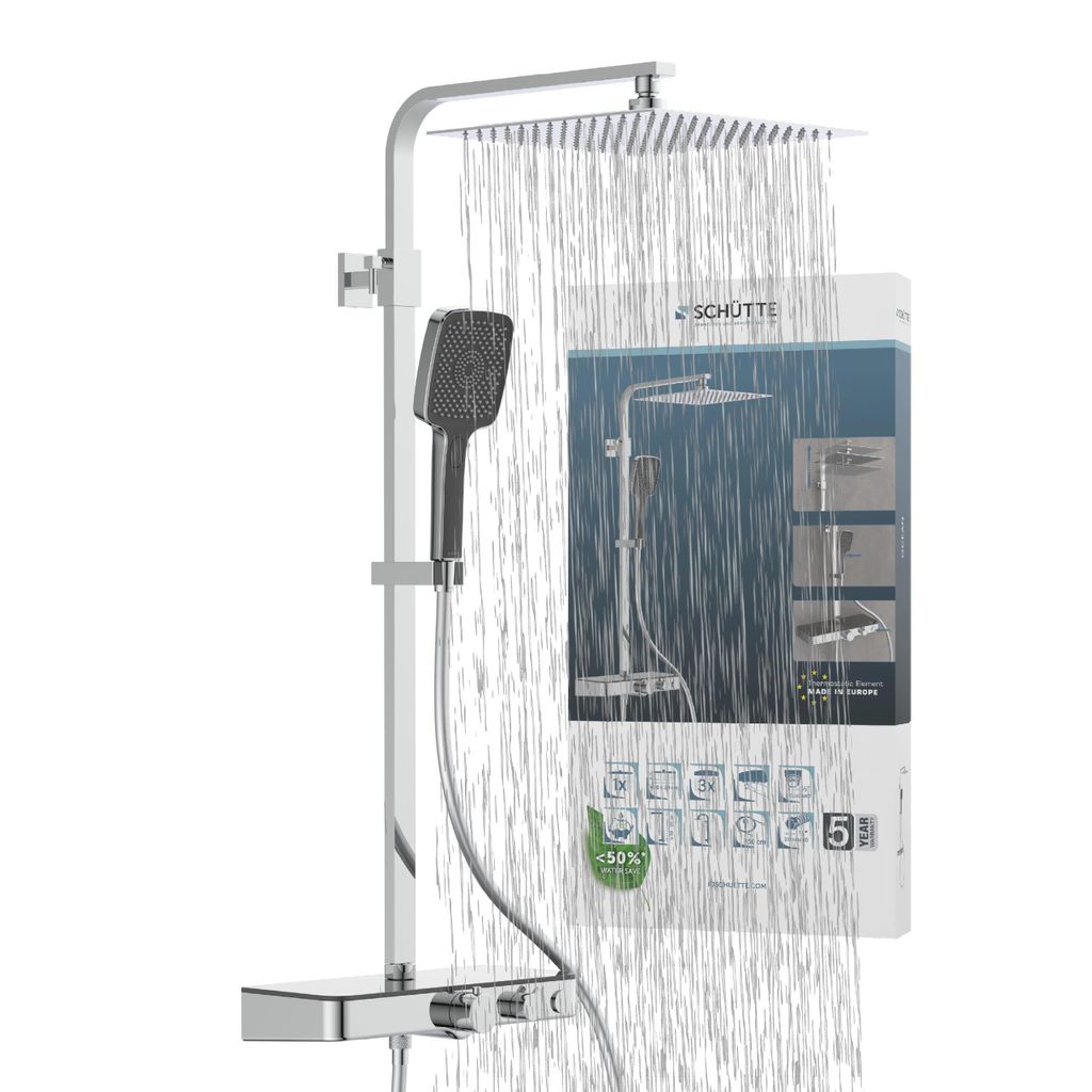 SCHÜTTE Duschsystem OCEAN, Edelstahl Regendusche mit Thermostat und Ablage, Duschbrause, Dusche