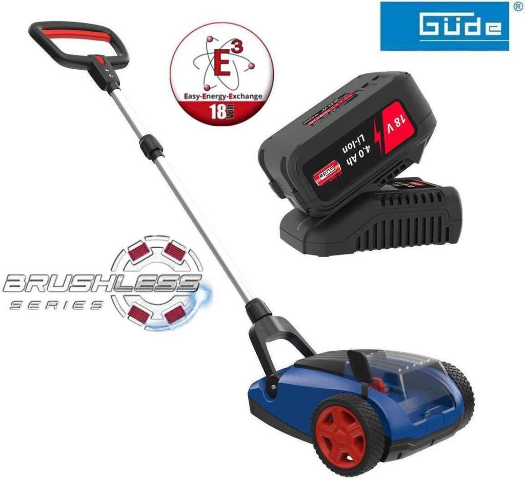 A cordless lawnmower with battery and charger, presented on a white background.