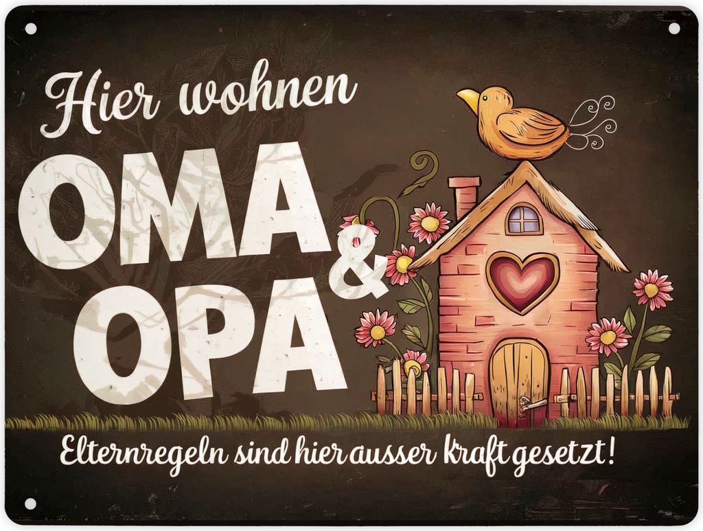 Hier wohnen Oma und Opa - Metallschild XL in 21x28 cm - Elternregeln außer Kraft