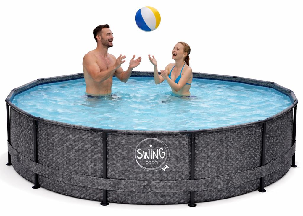 HAF - Swing Metal Frame Pool rund Grau Fischgräte (Ø 305 cm, 76 cm tief) - Gartenpool mit 4.500 Liter - Robust, UV-geschützt & korrosionsbeständig