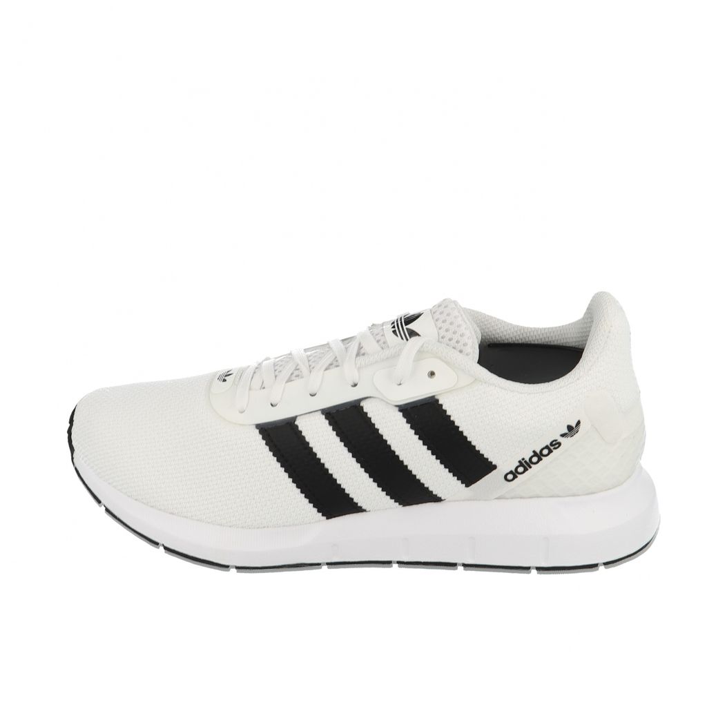 A side view of a white Adidas Swift Run RF sneaker with black stripes.
