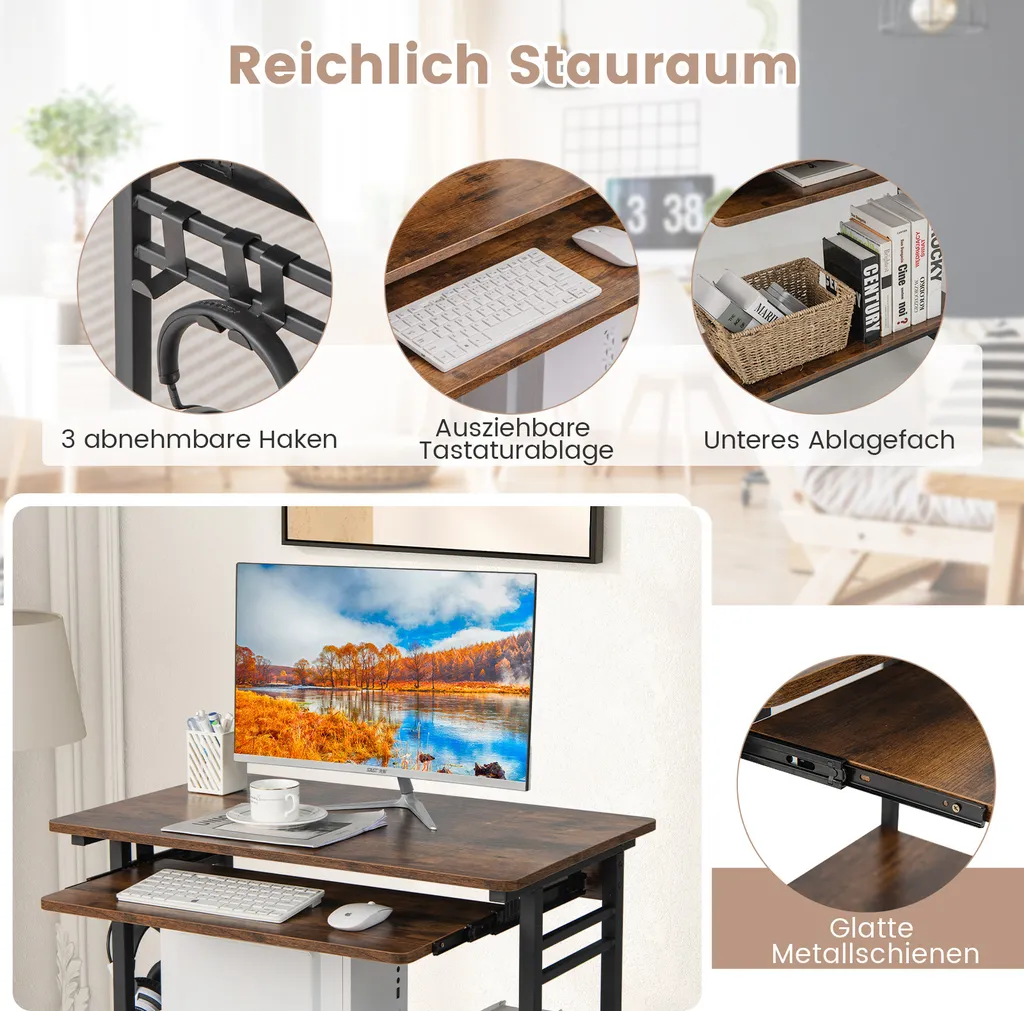Table d'ordinateur compacte avec tablette clavier et roulettes en métal