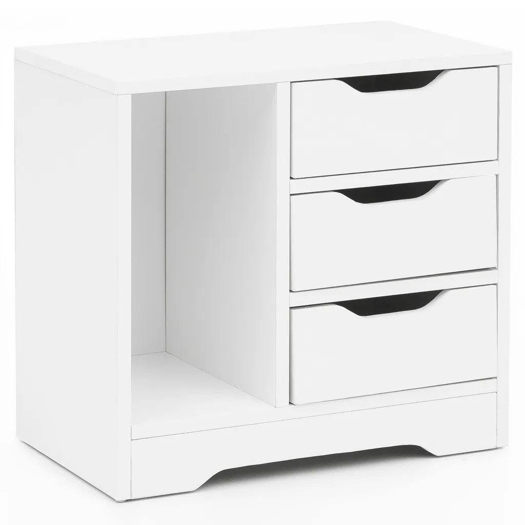 Table de chevet design blanc mat WL5.708 avec trois tiroirs de rangement
