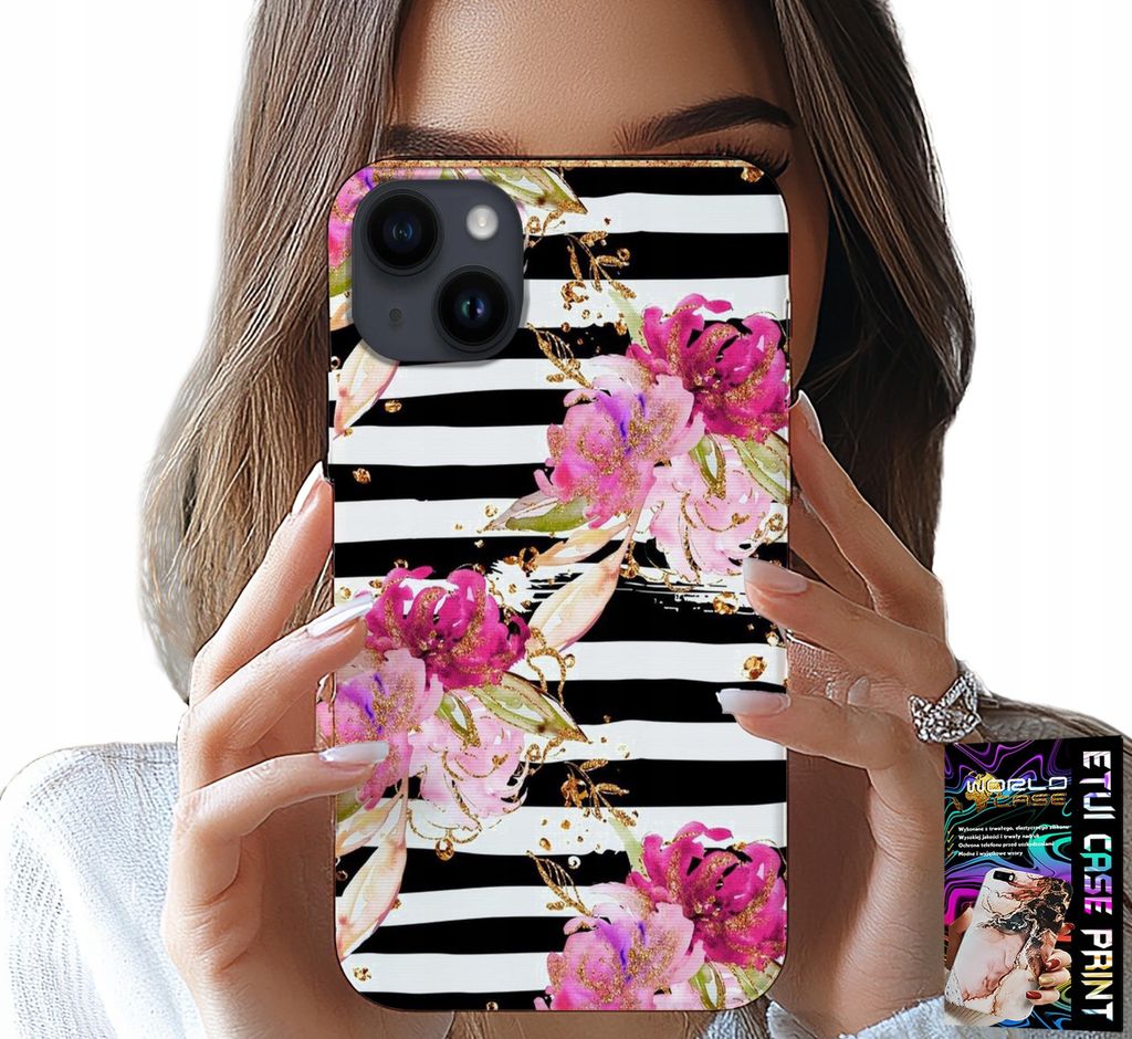 Hülle Für Iphone 13 - Floral Mit Schwarz-Weissem Streifenmuster