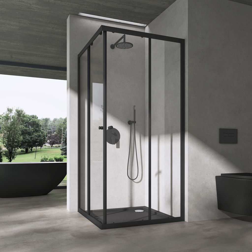 doporro Duschkabine mit Schiebetür Duschabtrennung Klarglas 140x70cm Eckeinstieg Eckdusche 6mm ESG Glas Höhe 190cm Ravenna16K plus schwarz