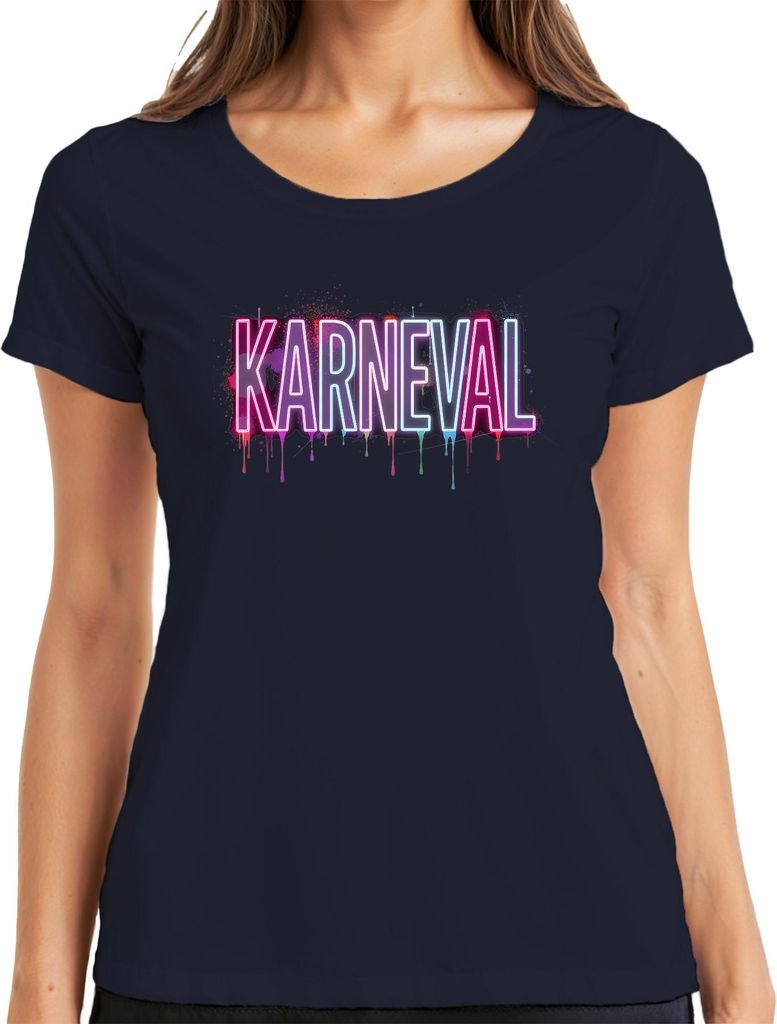 Karneval Neon bunt Fasching Kostüm Party Köln Karnevalsfan Damen T-Shirt, Navy, XL