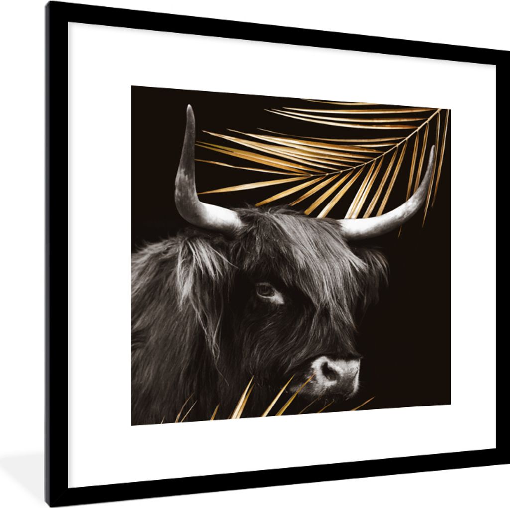 MuchoWow Gerahmtes Poster Schottischer Highlander - Gold - Farn 40x40 cm - Poster mit Schwarzem Bilderrahmen Wandposter Rahmen Foto Bilder - Post...