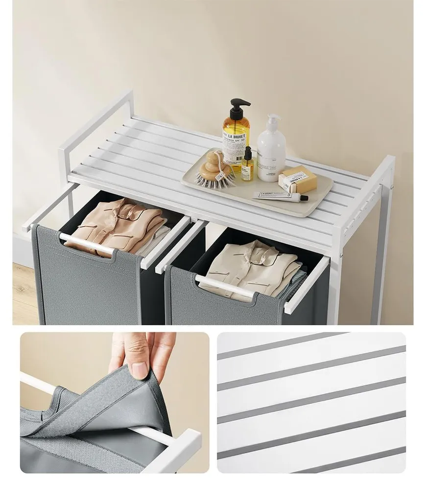 Panier à linge gain de place 2 compartiments blanc gris H71 cm robuste - 5