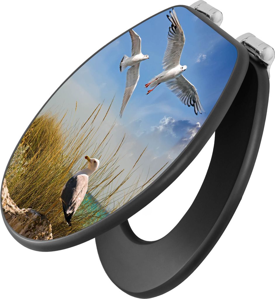 banjado Design WC Sitz Anthrazit mit Absenkautomatik MDF 46,5x38x5,2cm - Möwen - Toilettendeckel/Toilettensitz MDF - hochwertiger MDF Klodeckel/WC...