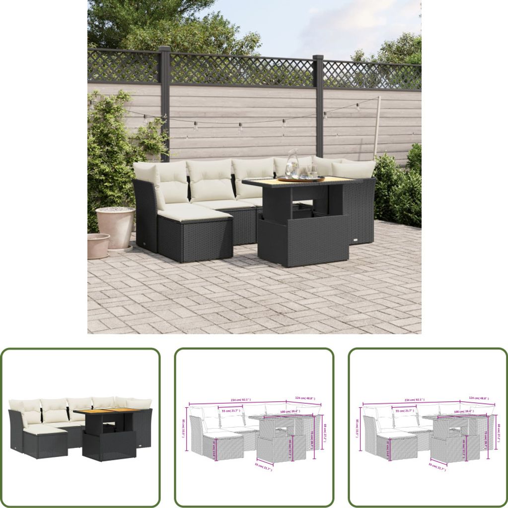 The Living Store 7-tlg. Garten-Sofagarnitur mit Kissen Schwarz Poly Rattan