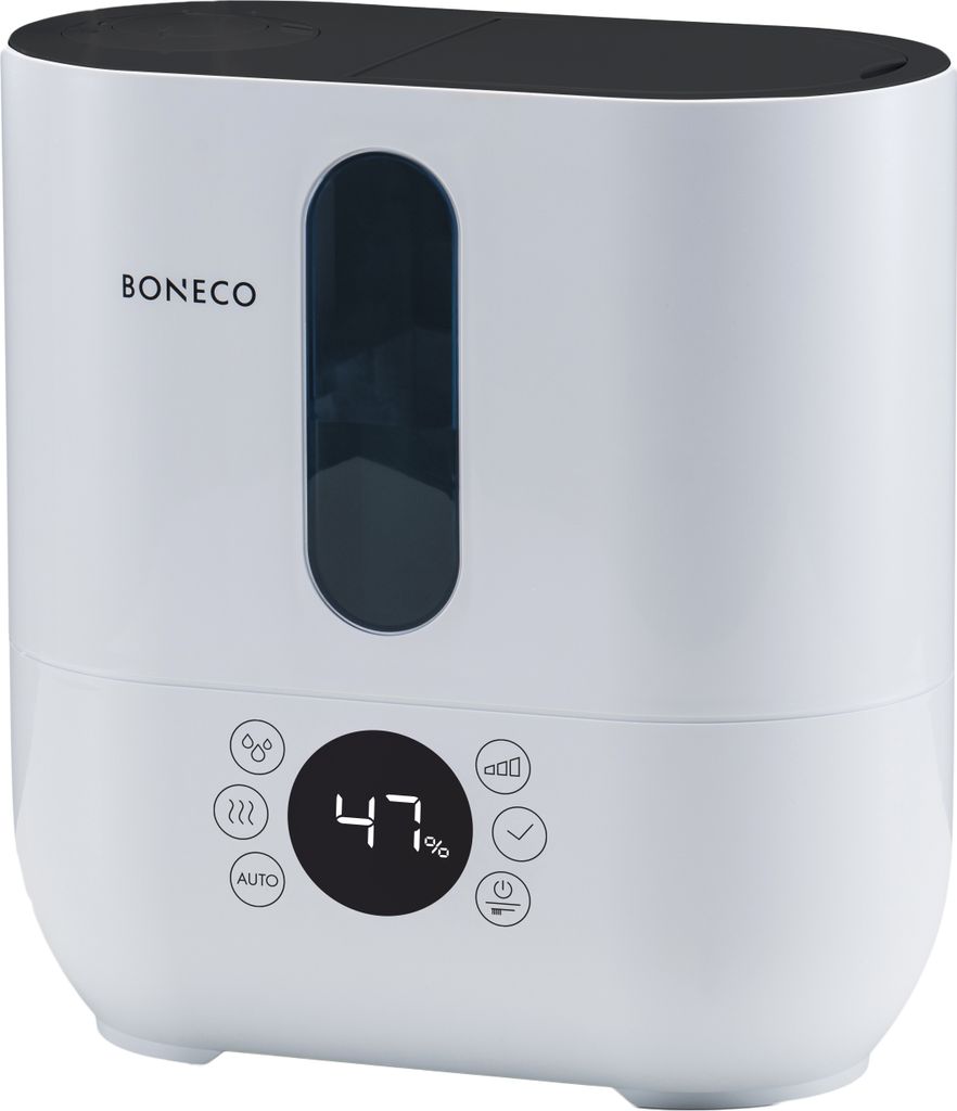 A white humidifier with a black top and a dark gray water level indicator, shown from a front-diagonal angle.