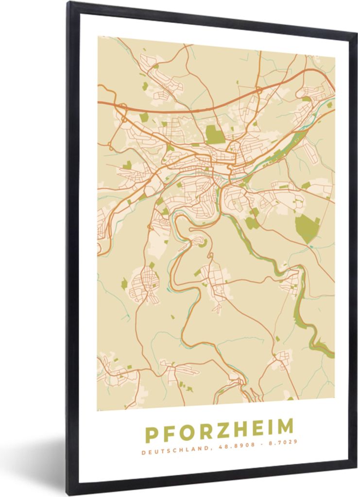 MuchoWow Gerahmtes Poster Pforzheim - Karte - Vintage - Stadtplan 20x30 cm - Poster mit Schwarzem Bilderrahmen Wandposter Rahmen Foto Bilder - Dr...