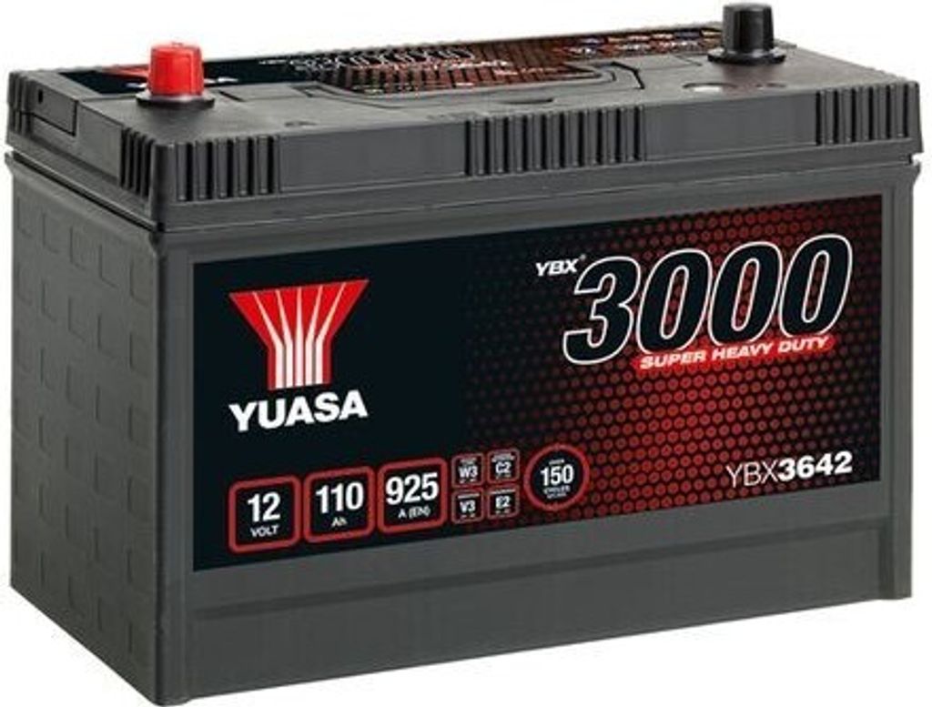A black car battery with a red and white label.