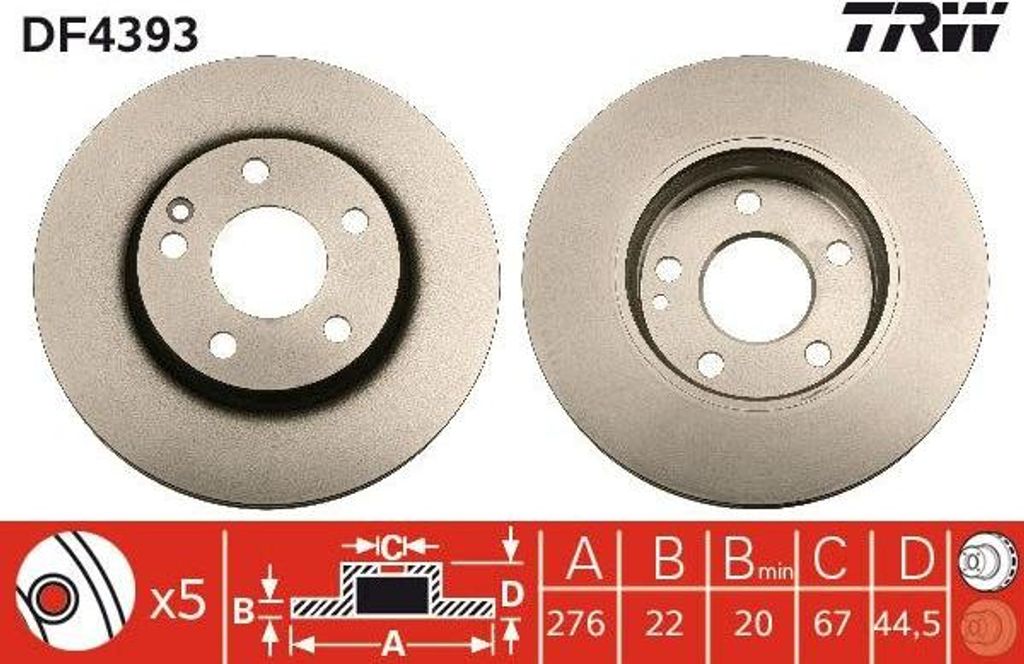 TRW DF4393 Bremsscheibe OE 1694210112 kompatibel mit A-Klasse, B-Klasse