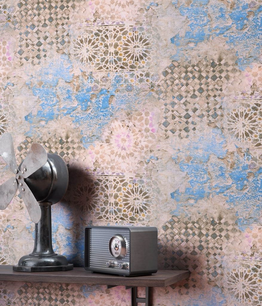 NEWROOM Tapete Blau Vliestapete Beton - Betonoptik Industrial Beige Braun Fliesen Putz Putzoptik Vintage Fliesenoptik