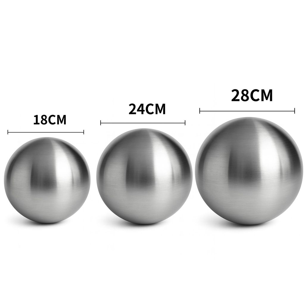 Three stainless steel spheres of different sizes are displayed side-by-side on a white background.