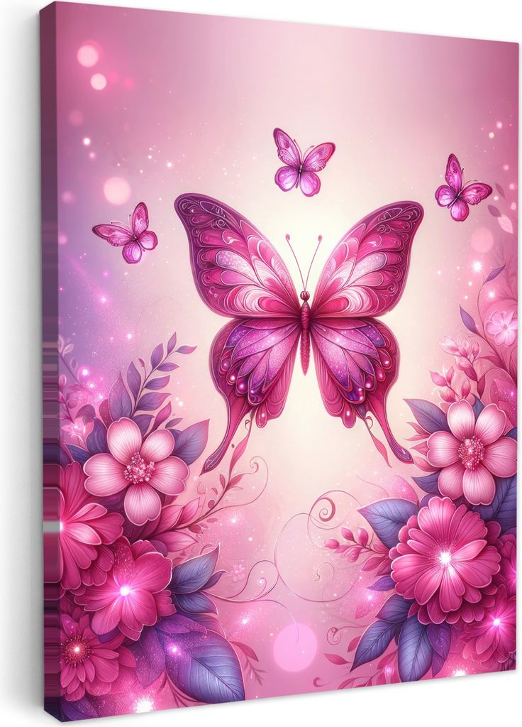 Leinwand Bilder 60x80 cm - Kinder Mädchen - Schmetterling - Rosa, Bilder Wohnzimmer Modern, Wanddeko