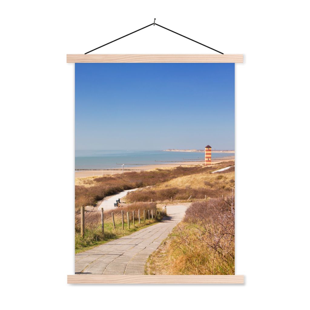 MuchoWow Textilposter Strand - Meer - Leuchtturm - Niederlande 40x53 cm mit holzfarbenen Rahmen - Schlafzimmer