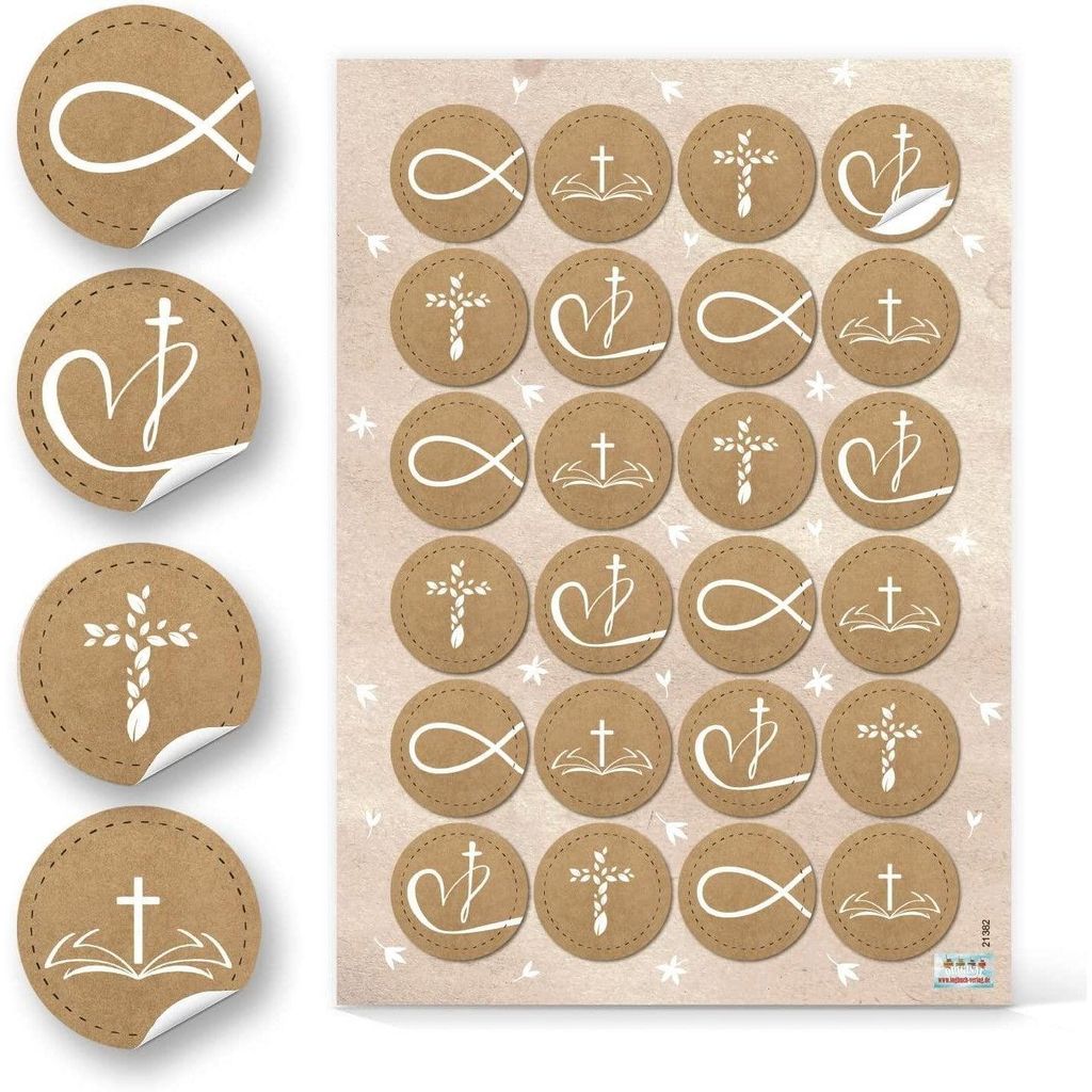 Logbuch-Verlag 24 Aufkleber mit christlichen Symbolen - Fisch Kreuz Herz - Symbolaufkleber in Kraftpapier-Optik96 Aufkleber / 4 Bögen