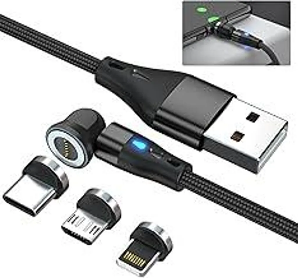 Cavo di ricarica magnetico 2M, ruotabile a 360° e 180°, cavo magnetico 3 in 1, caricatore magnetico, ricarica rapida 3A e trasferimento dati per telefoni con micro USB/i-Product/tipo C