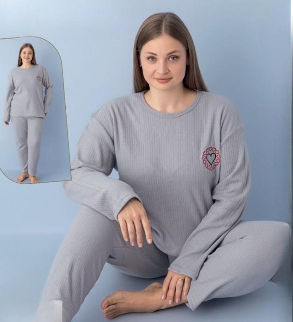 Damen Große Größen Pyjama Schlafanzug Grau 4XL Baumwolle 2-Teiler Set Warm Winter S-84