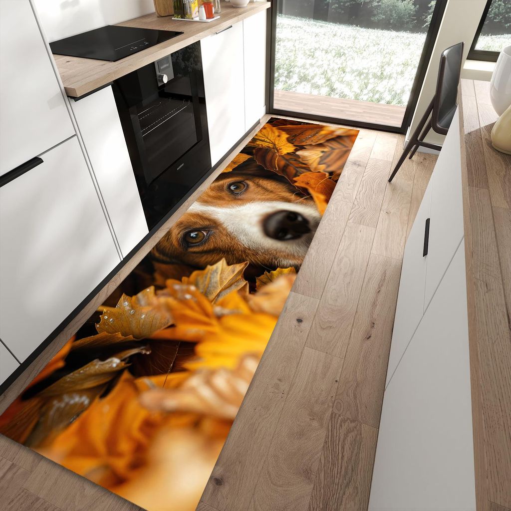 Küchenteppich 80x300cm rutschfest & abwischbar PVC Läufer - Hund im Herbstlaub