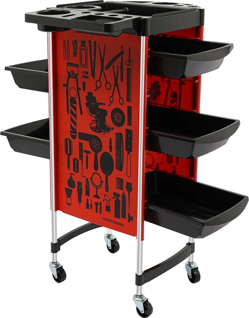 Friseur Trolley - Salonwagen - 5 Schubladen - 6 Ebenen - 4 Universal-Lenkrollen - 80 kg Tragkraft - PP & Edelstahl - Rot