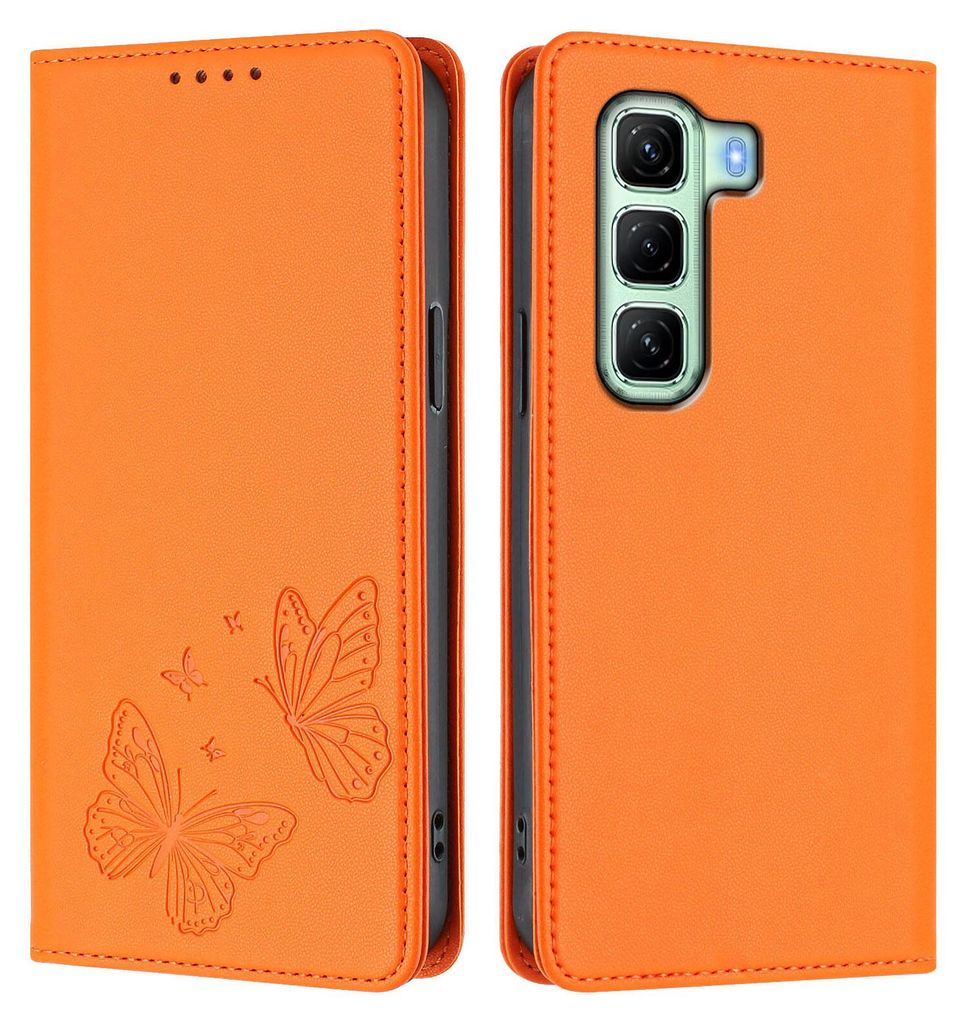 Lederhülle für Infinix Hot 50 5G, Schmetterling Prägung Leder Brieftasche Schutzhülle mit Ständer Orange