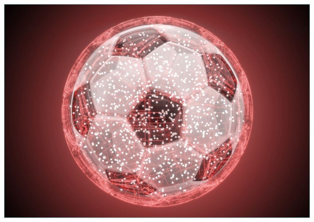 Wallario Premium Glasbild, freischwebende Optik, kräftige Farben, Größe 100 x 70 cm Motiv Fußball digital - Netzwerk in rot