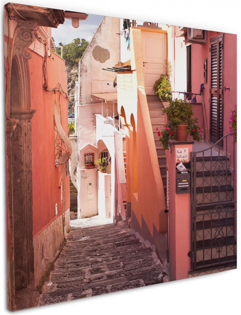 Wallario Premium Leinwandbild Südländische Gasse- Italien bei Sonnenschein in Größe 50 x 50 cm