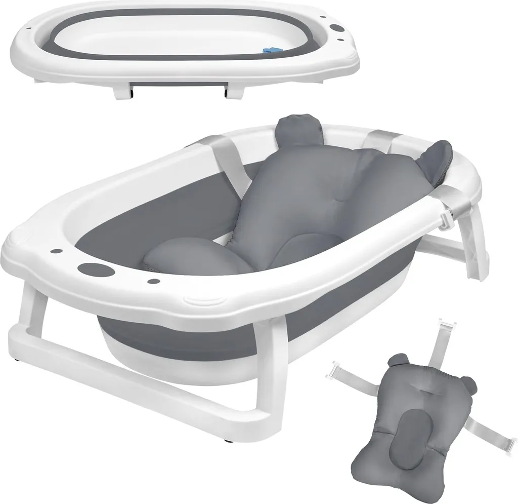 JOIEYOU Baignoire Bébé Pliable Grise avec Châssis et Tapis Antidérapant
