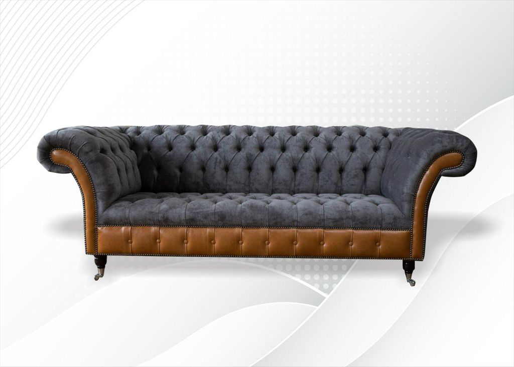 Chesterfield Sofa Couch Polster 3 Sitzer Grau Textil Stoff Graue Couchen Sofas