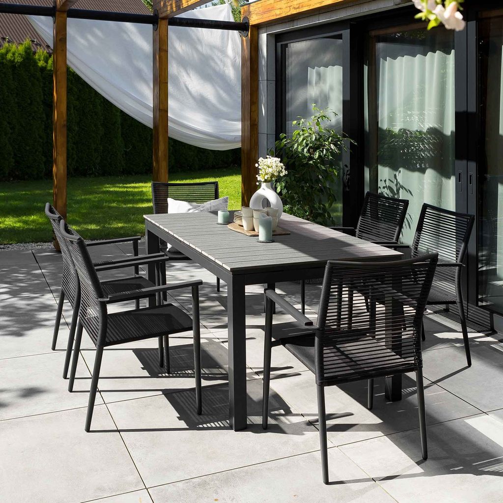 di volio Gartenmöbel MASSA, ausziehbarer Gartentisch mit 6 stapelbaren Stühlen - Set, Essgruppe für 6 Personen, robust & wetterfest & langlebig