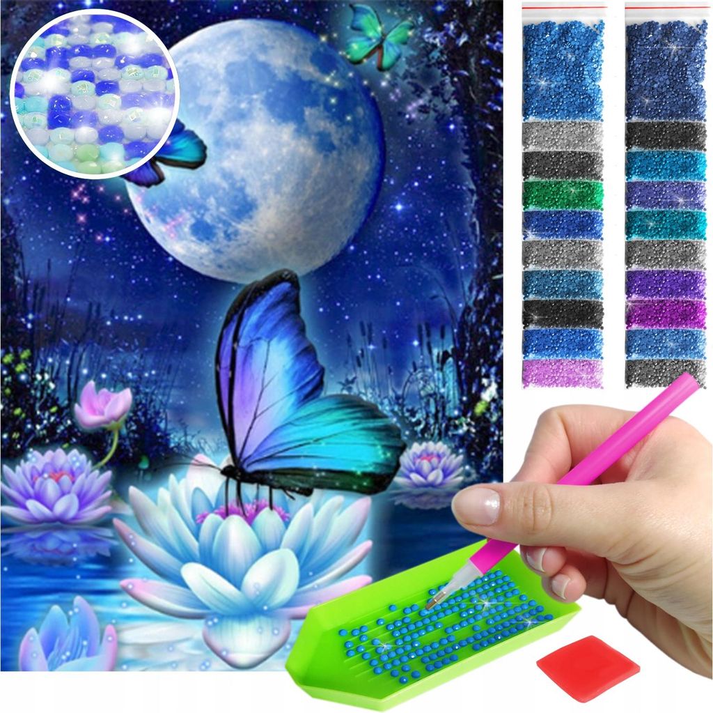 ARTULIO - Diamond Painting Set - Schmetterling und Lotusblumen - 40 x 30 cm - AB Steine, AB Diamant - 5D Diamant Painting, Home Wand Deko