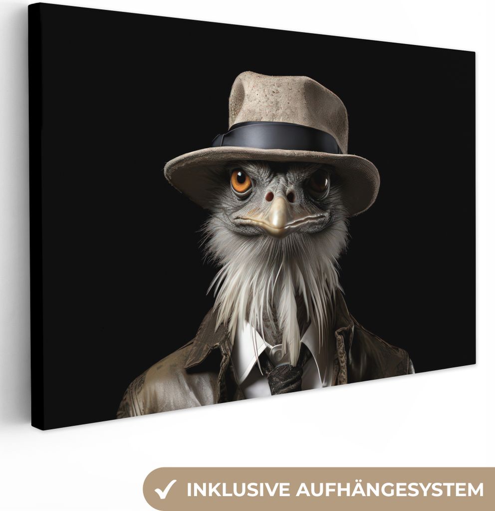 MuchoWow - Leinwandbilder - Strauß - Porträt - Schwarz - Tier, Wandbild, Wanddeko Bilder Wohnzimmer, 120x80 cm