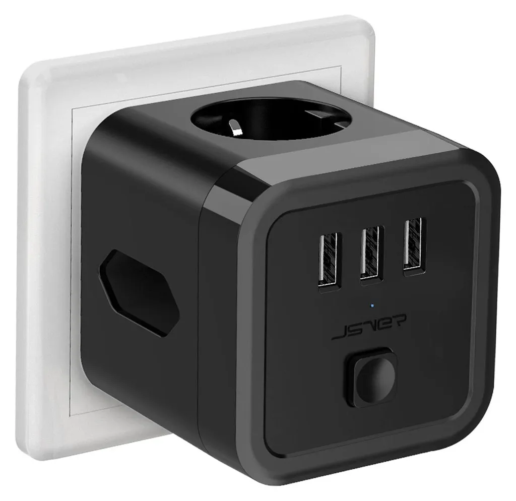 Multiprise cube anti-encombrement 3 prises et USB contre surtensions