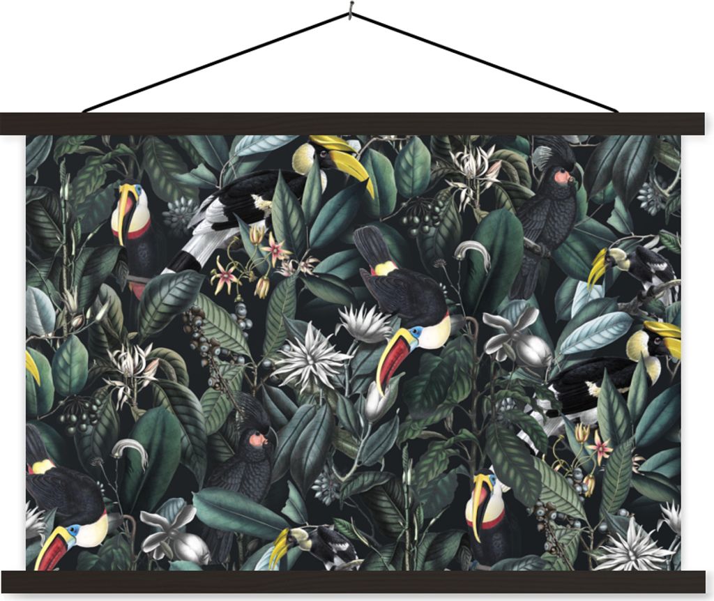 MuchoWow Textilposter Blumen - Vogel - Tukan 90x60 cm mit schwarzem Rahmen - Aufhängungssatz