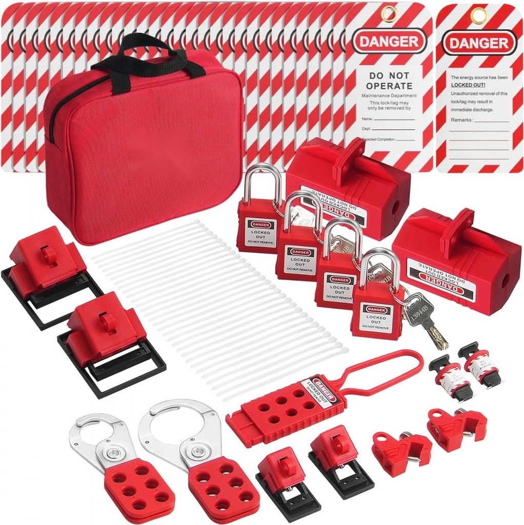 Elektrisches Lockout-Tagout-Kit - 47-teiliges Set mit Sicherheitsvorhängeschlössern, Haspen, Etiketten und Nylon-Kabelbindern - Sicherheitsaussta...